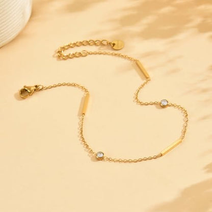 Gold Ankle for Women 18K Gold Plated Tennis Sapphire Paperclip Pearl Sequin Droplet Lip Link Chain Large Anklet Bracelets Simple Beach Summer Waterproof Foot Jewelry - color: Bar CZ-Gold