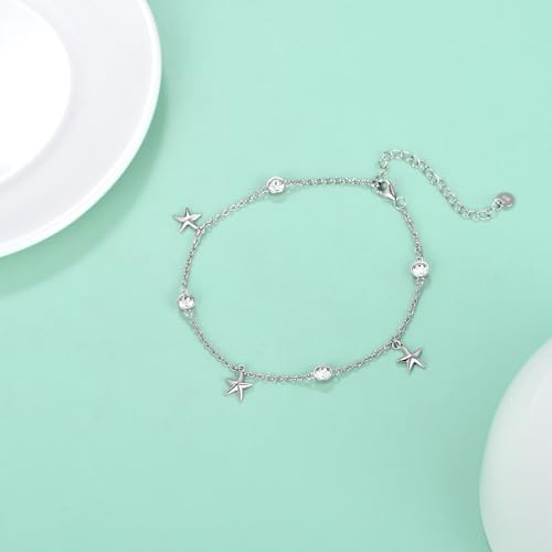 925 Sterling Silver Anklet Foot Bracelet with Crystal from Austria, Anklet Jewelry Gifts for Women 11 Inch Adjustable - style: E-Starfish