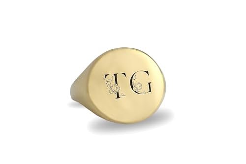 Gold Couples Initials Signet Ring - Flowered Letters Engraved Bold Statement Anniversary Ring