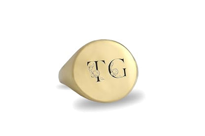 Gold Couples Initials Signet Ring - Flowered Letters Engraved Bold Statement Anniversary Ring