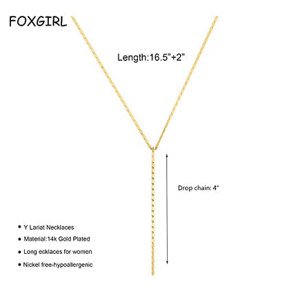Foxgirl Lariat Gold Necklace for Women, Dainty Long Necklace 14k Gold Plated/Silver Y-Shaped Pendant Necklace Trendy Layered Cz Beaded Chain Drop Necklaces Simple Gold Jewelry For Women Gift - color: Y Necklace-GD
