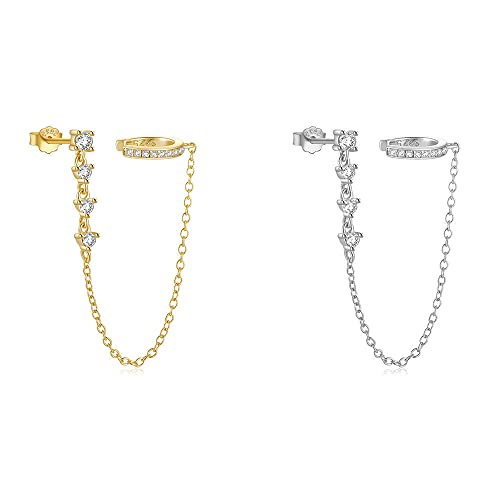 Crystal Ear Cuff Tassel Cartilage Stud Earring for Women Girls 925 Sterling Silver CZ Clip On Huggie Hoops Climber Crawler Long Chain Dangle Drop Hypoallergenic Earrings Fashion 1 Pcs Jewelry Gifts Birthday - color: Silver