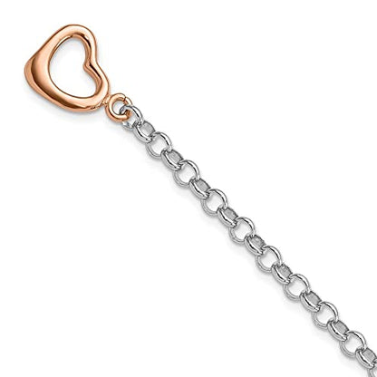Diamond2Deal Sterling Silver Rhodium-plated Rose-tone Rolo Chain with Heart Bracelet 7.75"