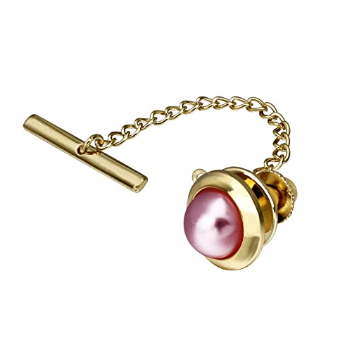 AMITER Crystal/Pearl Tie Tack with Chain, Gold Mens Tie Pin Necktie Pins Lapel Pin for Wedding Birthday Anniversary Party - color: 24k Gold+Pink Imitation Pearl