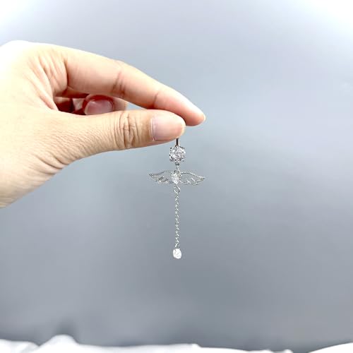 5PCS Crystal Belly Button Ring for Women Dangle Navel Belly Piercing Jewelry Cute Bow Butterfly Heart Angel wings Navel Belly Rings 14G Silver Surgical Steel Belly Button Stud - color: Silver-4pcs
