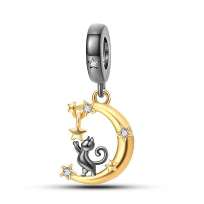 14K Gold Plated Charms for Bracelets Necklace Star Moon Cross Beads Woman | 925 Sterling Silver Charms Butterfly Cute Cat Dog Evil Eye Lucky Bracelet Beads Aesthetic Peandant Jewelry Gift for Mom - color: Cat under the moon charm