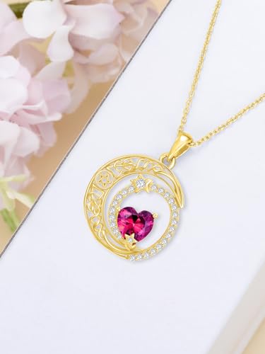 Midari 18K Yellow Gold Sun Moon Star Pendant Rose Flower Necklaces I Love You Forever Sun Moon Jewelry Gift for Mother Women - color: 07-Jul-Ruby, style: Moon&Star
