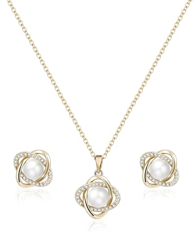 14K Gold Plated and Silver Pearl Jewelry Set for Women - Matching Pearl Necklace and Earring Set with Wrapped Design, June Birthstone Jewelry Set for Gift - color: Gold
