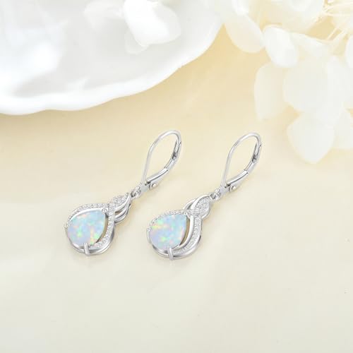 925 Sterling Silver Infinity Teardrop Earrings for Women | Lwsary Dangle Drop Leverback Earrings, Pear Shaped Birthstone Jewelry for Her - color: Milky Rainbow