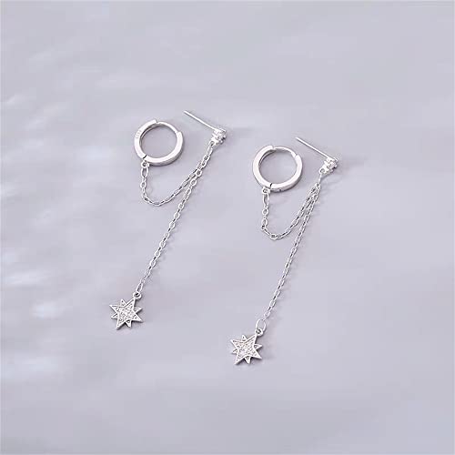 Star 925 Sterling Silver Double Piercing Earrings Huggie Cuff Chain for Women Teen Girls 2 Holes CZ Charm Dangle Drop Small Hoop Earrings Cartilage Climber Jewelry