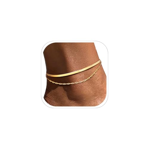 FOCALOOK 14K Gold Plated Anklets for Women Waterproof Plus Size Ankle Bracelet 8.5-10.5 Inch Adjustable Mariner/Figaro/Flat Snake/Cuban Link Chain Anklet Jewelry for Summer Beach Holiday - color: N:2 Layers Anklet B-Gold