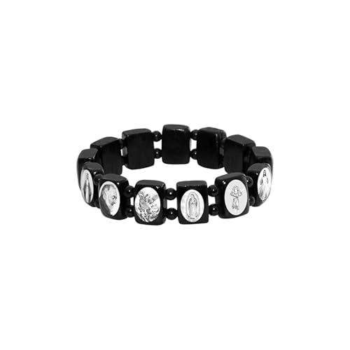 Catholica Shop Devotional Catholic Religious Wood Stretch Bracelets. Small and Large Panels with Assorted Images of Saints, Jesus and Mary. Unisex. Handcrafted in Brazil - style: B&W Sm Panel