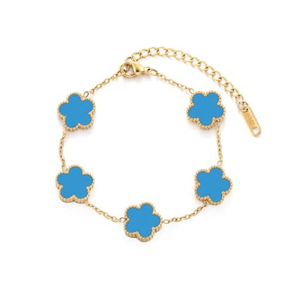 TICVSS Four Leaf Clover Bracelet for Women 18K Gold Plated Stainless Steel Lucky 4 Leaf Gold Link Bracelet Jewelry Gift for Women - color: Blue