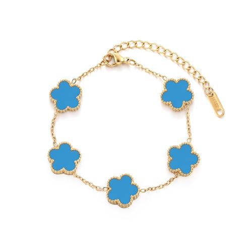 TICVSS Four Leaf Clover Bracelet for Women 18K Gold Plated Stainless Steel Lucky 4 Leaf Gold Link Bracelet Jewelry Gift for Women - color: Blue
