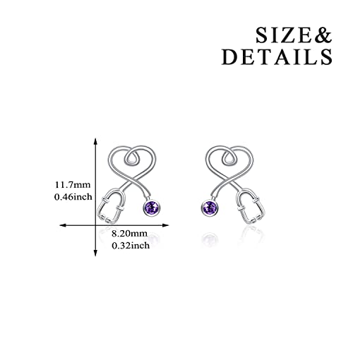 Stethoscope Earrings 925 Sterling Silver Heart Studs Earrings 12 Months Birthstone Crystals from Austria, Graduation Jewelry Gifts for Nurse Doctor RN Medical Student - color: Simulated Amethyst 1