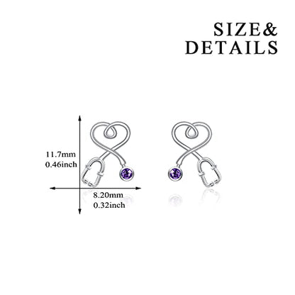 Stethoscope Earrings 925 Sterling Silver Heart Studs Earrings 12 Months Birthstone Crystals from Austria, Graduation Jewelry Gifts for Nurse Doctor RN Medical Student - color: Simulated Amethyst 1