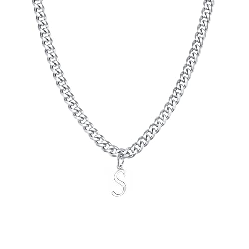 Stainless Steel Initial A-Z Necklace for Men Women,Cuban Chain,Titanium Steel Initial Letter Pendant Charm Necklaces Accessories Jewelry for Woman Man,21 Inch Chain - color: S