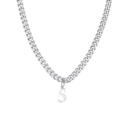 Stainless Steel Initial A-Z Necklace for Men Women,Cuban Chain,Titanium Steel Initial Letter Pendant Charm Necklaces Accessories Jewelry for Woman Man,21 Inch Chain - color: S