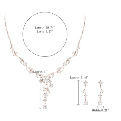 Crysdue Women's Wedding Bridal Jewelry Set for Brides Bridesmaids Cubic Zirconia Flower Leaf Vine Necklace Dangle Earrings for Prom Party - style: 36-rose gold