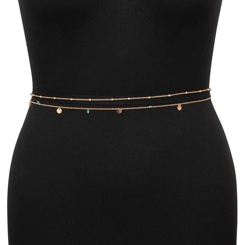 Waist Chains for Women Gold Waist Chain Silver Belly Chain Adjustable Layered Body Chain Sequin Belly Chains Sexy Bikini Beach Jewelry for Women (26.8-36.6 Inch) - style: turquoise+gold