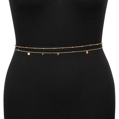 Waist Chains for Women Gold Waist Chain Silver Belly Chain Adjustable Layered Body Chain Sequin Belly Chains Sexy Bikini Beach Jewelry for Women (26.8-36.6 Inch) - style: turquoise+gold