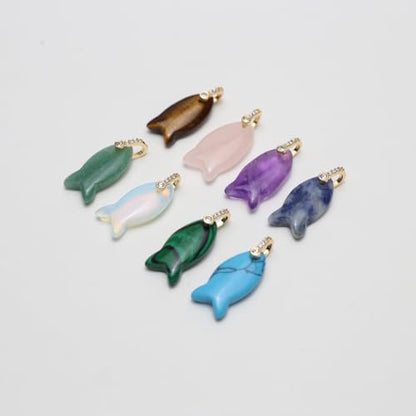 LE SKY Natural Stone Pendants Healing Crystal Gemstones with Rhinestone Charms for jewelry Making Necklace DIY Craft Gift - color: fish