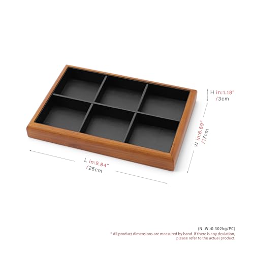 Oirlv Black Wood Jewelry Tray 6-Compartment | Black Solid Wood Frame, Soft Leather Lining, 9.84X17X1.18in, Holds Rings/Earrings/Bracelets, Sturdy and Attractive - color: Black, size: 6 grid