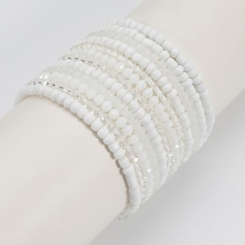 Caiyao 12Pcs Bohemia Multilayer Resin Seed Beaded Stackable Bracelets Colorful Crystal Glass Beads Stretch Bracelet BFF Friendship Elastic Wristbands for Women Men Summer Beach Boho Vacation Jewelry - color: White