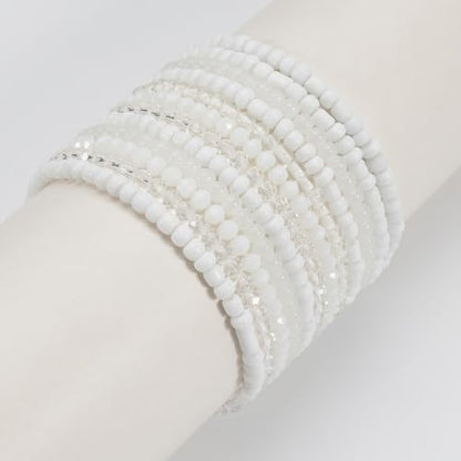 Caiyao 12Pcs Bohemia Multilayer Resin Seed Beaded Stackable Bracelets Colorful Crystal Glass Beads Stretch Bracelet BFF Friendship Elastic Wristbands for Women Men Summer Beach Boho Vacation Jewelry - color: White