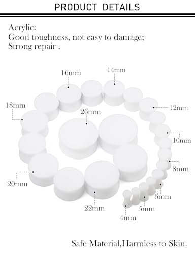 6G-26mm Acrylic Plastic Ear Gauges Tunnels Stretching Kit Double Flared Plugs Tunnels Expanders Stretcher Saddle Gauges Earrings for Men Women Black White Clear - color: White 6G-26mm