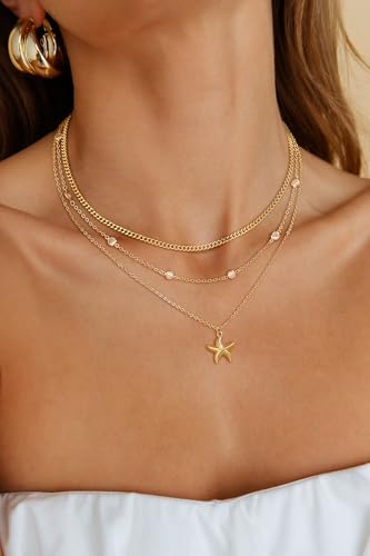 Shell Starfish Charm for Women, Dainty Layered 14K Gold Plated Seashell Conch Starfish Pearl Pendant Necklace for Women Stack Trendy Beach Cuban Link CZ Chain Necklace Summer Vacation Jewelry - color: 3PCS / Starfish & CZ Chain & Cuban