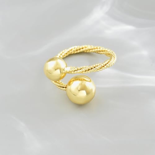 Adjustable Rings for Women 18K Gold Plated daisy Flower Butterfly Ball Cubic Zirconia Rings Dainty Open Stacking Ring - color: Double Ball-Gold