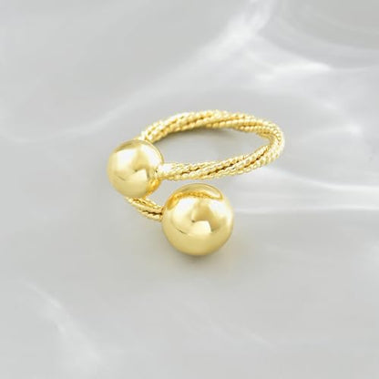 Adjustable Rings for Women 18K Gold Plated daisy Flower Butterfly Ball Cubic Zirconia Rings Dainty Open Stacking Ring - color: Double Ball-Gold