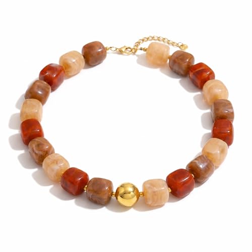 Mchic Colorful Beaded Choker Necklace for Women: Boho Large Square Acrylic Beaded Necklace Stainless Steel Adjustable Surfer Beach Strand Necklaces Summer Handmade Jewelry Gift for Women - color: Mix Khaki
