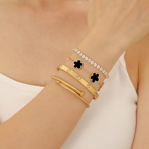 Gold Bracelets for Women, 18K Gold Plated Women Tennis Bracelets Clover Nail Love Bangle Bracelet Set, Gold Bracelet Stackable Set Trendy Jewelry, Gifts for Women's Day and Mother's Day - color: 03-Color-black