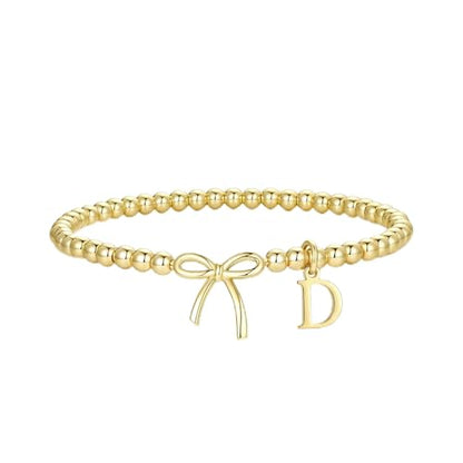 Letter A-Z Bracelets for Women Teen - Inital Beaded Bracelet with Bowknot Charm, Dainty Stretch Stackable Bracelet, Trendy Jewelry Gifts for Birthday Easter Basket Stuffers - style: Gold: D
