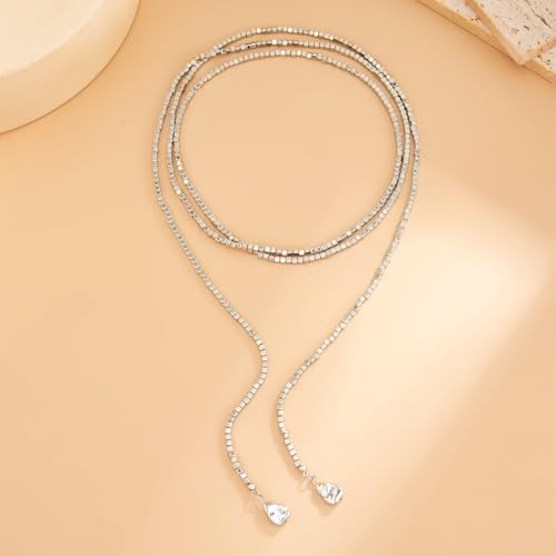 Long Black Beaded Necklace for Women Trendy Gold Beads Slip Tie Pearl Wrap Necklace Layered Silver Lariat Necklaces with Pearl Drop Y Statement Necklaces Versatile Elegant Jewelry - color: silver
