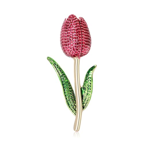 Rhinestone Tulip Flower Brooch Pin for Women Dainty Floral Lapel Pin Gold Plated Tulip Flowers Green Leaf Broochs Pins Trendy Wedding Party Jewelry Accessories - color: Rose
