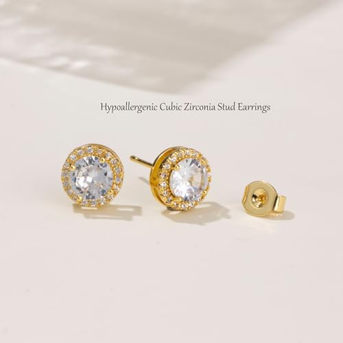 Cubic Zirconia Stud Earrings for Women Men 14K Gold-Plated Halo Stud Earrings Hypoallergenic Earrings CZ Halo Stud Earrings for Sensitive Ears - style: B-GOLDEN