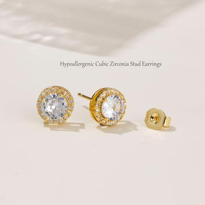 Cubic Zirconia Stud Earrings for Women Men 14K Gold-Plated Halo Stud Earrings Hypoallergenic Earrings CZ Halo Stud Earrings for Sensitive Ears - style: B-GOLDEN