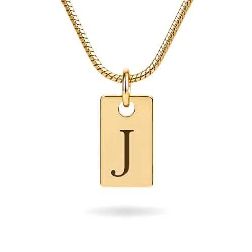 Initial Necklace in 18K Gold Plated, Personalized Engraved Letter Pendant, Gold Snake Chain, 6×10 mm Rectangle Charm for Women - color: J