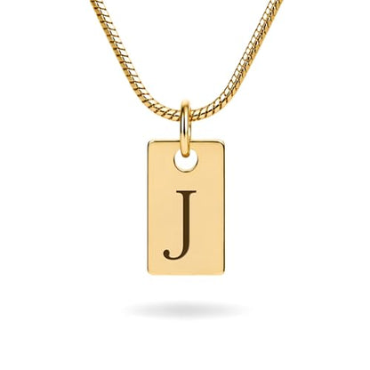 Initial Necklace in 18K Gold Plated, Personalized Engraved Letter Pendant, Gold Snake Chain, 6×10 mm Rectangle Charm for Women - color: J