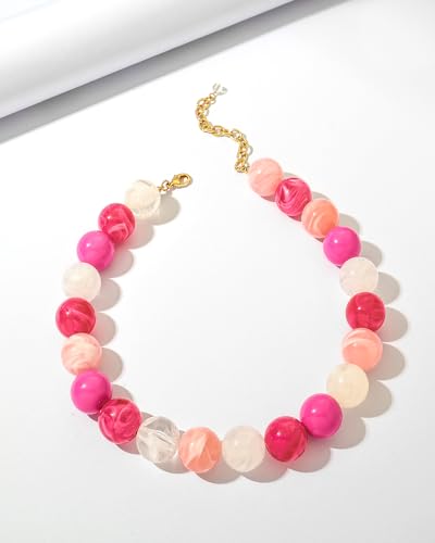 Chunky Beaded Choker Necklace for Women Boho Statement Necklace with Large Pearl Blue Brown Tone Resin Beads Summer Beach Jewelry Gifts - color: Mix Pink