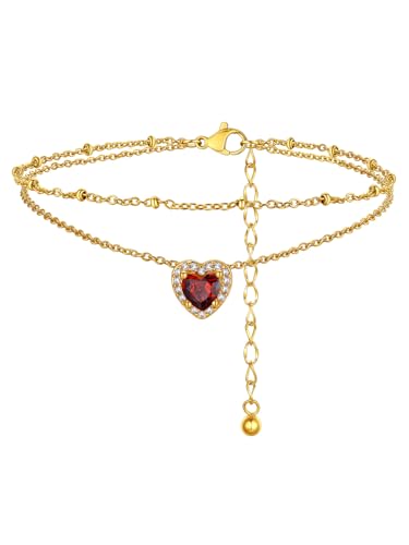 FindChic Bling Heart Birthstone Anklets Layered Beaded Ankle Bracelets for Women Gold/Black/Silver 12 Month Gem Colors Foot Chain Summer Jewelry for Girls, with Gift Box - color: Gold, style: 01. Jan.-Created Garnet