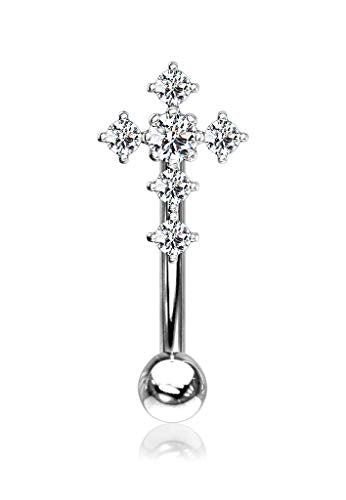 Forbidden Body Jewelry 16g 8mm Surgical Steel Curved Barbell for Daith, Eyebrow, Rook & Belly Button with CZ Cross Top - color: Silver Tone
