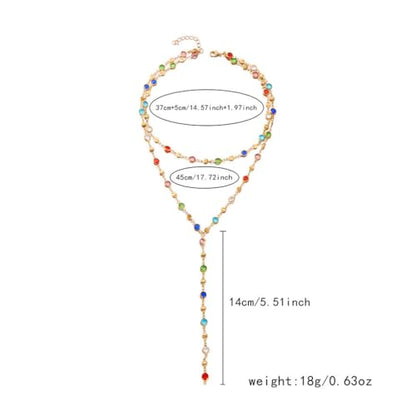 Colorful Rhinestone Long Necklaces for Women,Boho Small Crystal Drop Necklace,Boho Rhinestone Layered Necklaces - color: Golden