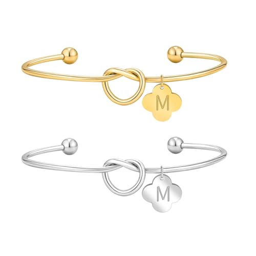 2Pcs Gold/Silver Initial Bracelets for Women Dainty Knot Letter A-Z Initial Bracelet for Women, Personalized Cuff Bangle Bracelet Jewelry Gifts for Women - color: M