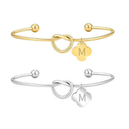 2Pcs Gold/Silver Initial Bracelets for Women Dainty Knot Letter A-Z Initial Bracelet for Women, Personalized Cuff Bangle Bracelet Jewelry Gifts for Women - color: M