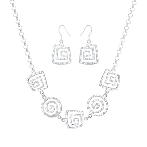 3 Circles Silver Hoop Earrings Necklace Set for Women Geometric Jewelry Set | 925 Silver Hypoallergenic Small Hoop Circle Geometry Textured Finish Minimalist Style Comfortable Wear - style: Square Spiral