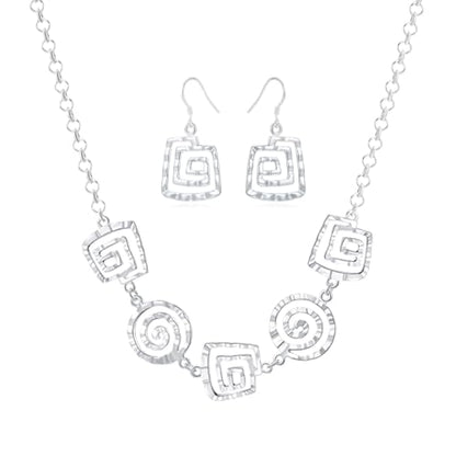 3 Circles Silver Hoop Earrings Necklace Set for Women Geometric Jewelry Set | 925 Silver Hypoallergenic Small Hoop Circle Geometry Textured Finish Minimalist Style Comfortable Wear - style: Square Spiral